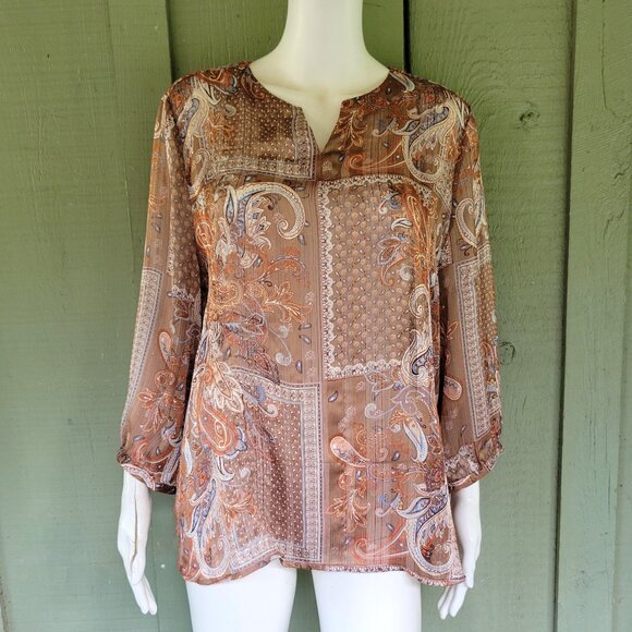 CHICO'S Light Brown Print Tunic Top Sz 2 or US 12 - Picture 1 of 3